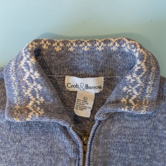 VINTAGE 90s Croft & Barrow Blue Chunky Knit Front Zip Collared Fair Isle Jacket - Picture 2 of 4